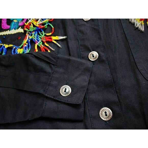 Vtg 90s Black Western Shirt Colorful Embroidery Festival Cowboy Beaded Fringe SM - Picture 7 of 7
